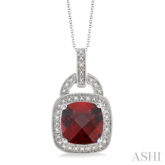 10X10 MM Cushion Shape Garnet and 1/20 Ctw Round Cut Diamond Pendant in Sterling Silver with Chain
