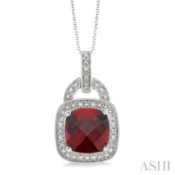 10X10 MM Cushion Shape Garnet and 1/20 Ctw Round Cut Diamond Pendant in Sterling Silver with Chain