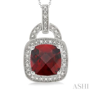 10X10 MM Cushion Shape Garnet and 1/20 Ctw Round Cut Diamond Pendant in Sterling Silver with Chain