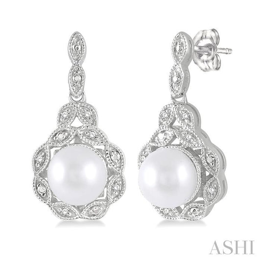 6X6 MM Cultured Pearl and 1/20 Ctw Round Cut Diamond Earrings in Sterling Silver