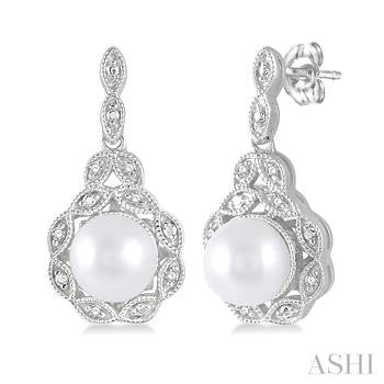 6X6 MM Cultured Pearl and 1/20 Ctw Round Cut Diamond Earrings in Sterling Silver
