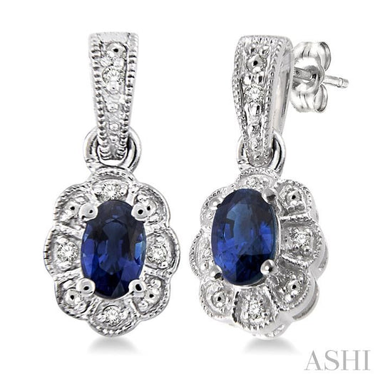 5X3 MM Oval Cut Sapphire and 1/20 Ctw Round Cut Diamond Earrings in Sterling Silver