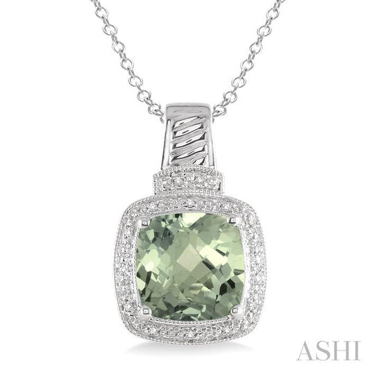 10X10 MM Cushion Shape Green Amethyst and 1/20 Ctw Round Cut Diamond Pendant in Sterling Silver with Chain
