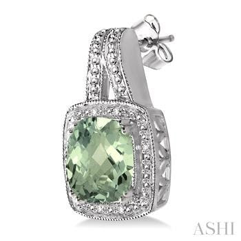 8X8 MM Cushion Shape Green Amethyst and 1/20 Ctw Round Cut Diamond Earrings in Sterling Silver