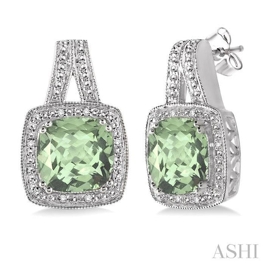 8X8 MM Cushion Shape Green Amethyst and 1/20 Ctw Round Cut Diamond Earrings in Sterling Silver