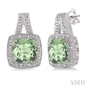 8X8 MM Cushion Shape Green Amethyst and 1/20 Ctw Round Cut Diamond Earrings in Sterling Silver