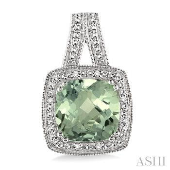 8X8 MM Cushion Shape Green Amethyst and 1/20 Ctw Round Cut Diamond Earrings in Sterling Silver