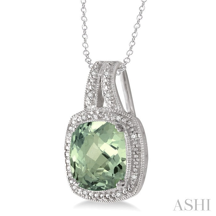 10X10 MM Cushion Shape Green Amethyst and 1/20 Ctw Round Cut Diamond Pendant in Sterling Silver with Chain