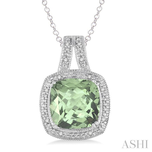 10X10 MM Cushion Shape Green Amethyst and 1/20 Ctw Round Cut Diamond Pendant in Sterling Silver with Chain
