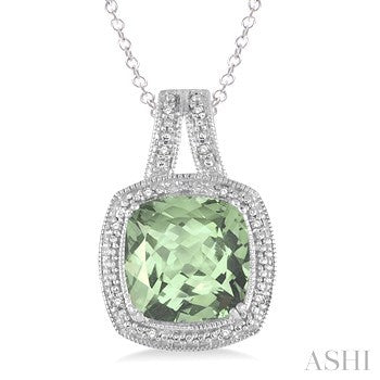10X10 MM Cushion Shape Green Amethyst and 1/20 Ctw Round Cut Diamond Pendant in Sterling Silver with Chain