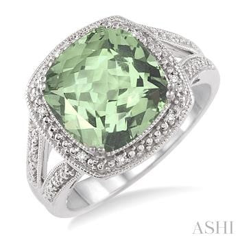 10X10 MM Cushion Shape Green Amethyst and 1/20 Ctw Round Cut Diamond Ring in Sterling Silver