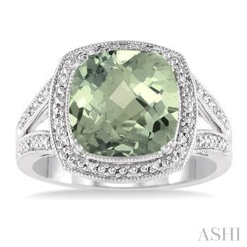 10X10 MM Cushion Shape Green Amethyst and 1/20 Ctw Round Cut Diamond Ring in Sterling Silver