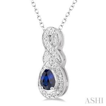 6X4 MM Pear Shape Sapphire and 1/50 Ctw Round Cut Diamond Pendant in Sterling Silver with Chain