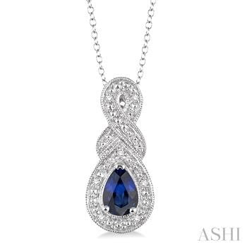 6X4 MM Pear Shape Sapphire and 1/50 Ctw Round Cut Diamond Pendant in Sterling Silver with Chain