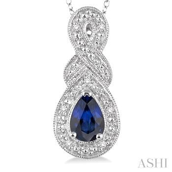 6X4 MM Pear Shape Sapphire and 1/50 Ctw Round Cut Diamond Pendant in Sterling Silver with Chain