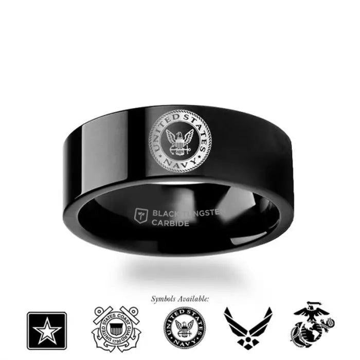 Military Symbol Logo Engraving Flat Polished Black Tungsten Ring - Army, Coast Guard, Navy, Marines, Air Force - 4mm - 1