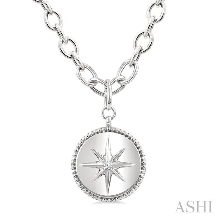 1/20 Ctw Compass medallion Round Cut Diamond Pendant With Chain in Sterling Silver