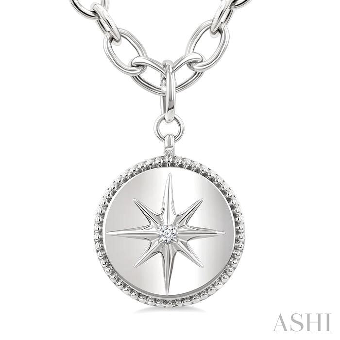1/20 Ctw Compass medallion Round Cut Diamond Pendant With Chain in Sterling Silver