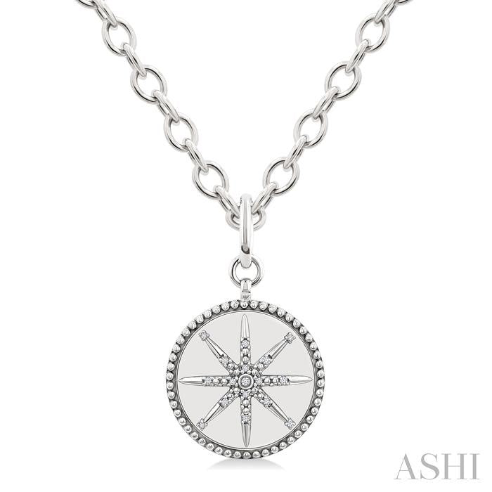 1/20 Ctw Compass medallion Round Cut Diamond Pendant With Chain in Sterling Silver