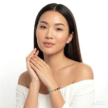 7X5 MM Oval Shape Rainbow and 1/10 Ctw Round Cut Diamond Semi-Precious Bracelet in Sterling Silver