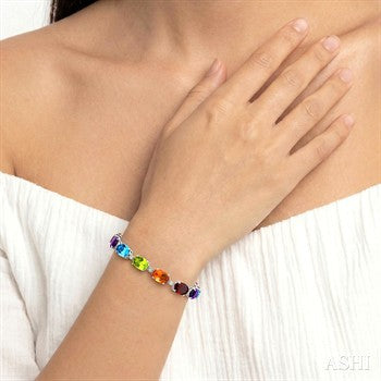 7X5 MM Oval Shape Rainbow and 1/10 Ctw Round Cut Diamond Semi-Precious Bracelet in Sterling Silver