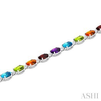 7X5 MM Oval Shape Rainbow and 1/10 Ctw Round Cut Diamond Semi-Precious Bracelet in Sterling Silver