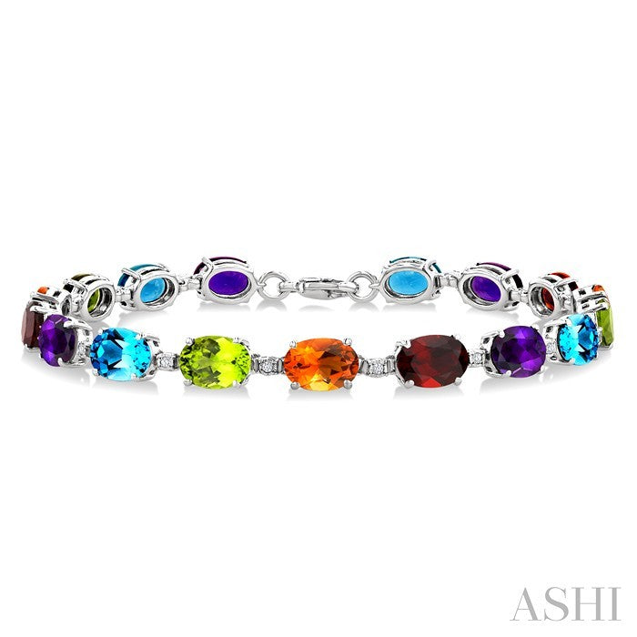 7X5 MM Oval Shape Rainbow and 1/10 Ctw Round Cut Diamond Semi-Precious Bracelet in Sterling Silver