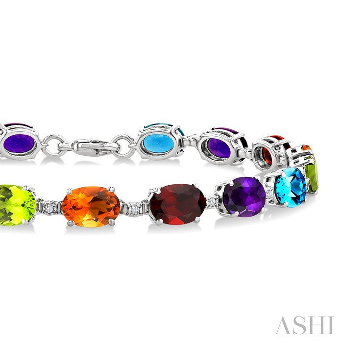 7X5 MM Oval Shape Rainbow and 1/10 Ctw Round Cut Diamond Semi-Precious Bracelet in Sterling Silver
