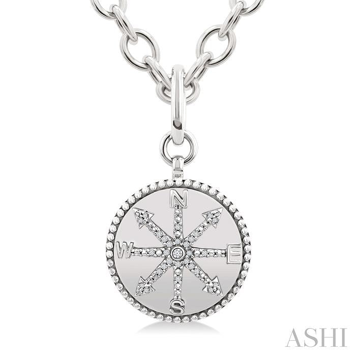 1/10 Ctw Compass medallion Round Cut Diamond Pendant With Chain in Sterling Silver