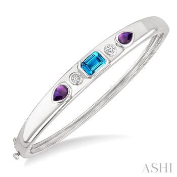 7X5 MM Octagon Shape Blue Topaz & 6X4 MM Pear Shape Amethyst and 1/10 Ctw Round Cut Diamond Semi-Precious Bangle in Sterling Silver