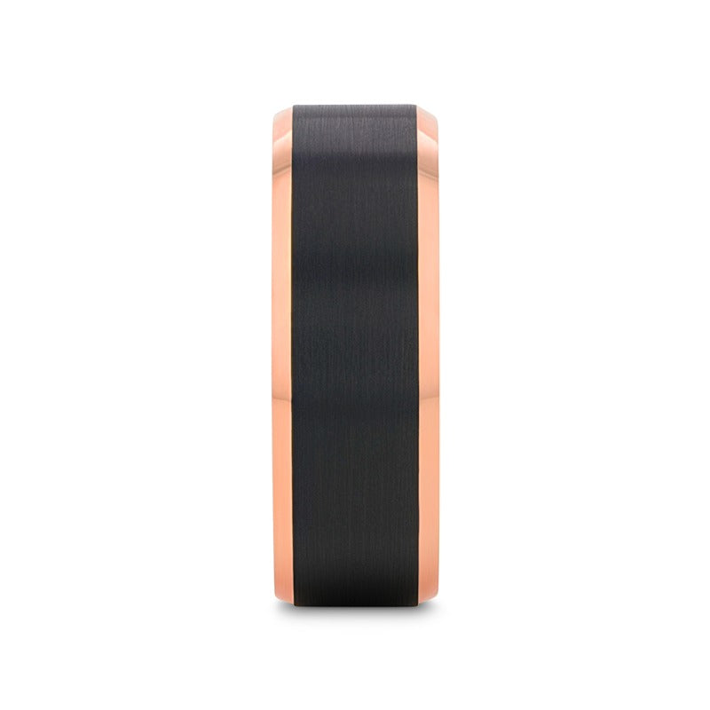 HAYDEN Rose Gold Plated Tungsten Polished Beveled Ring with Brushed Black Center - 6mm & 8mm