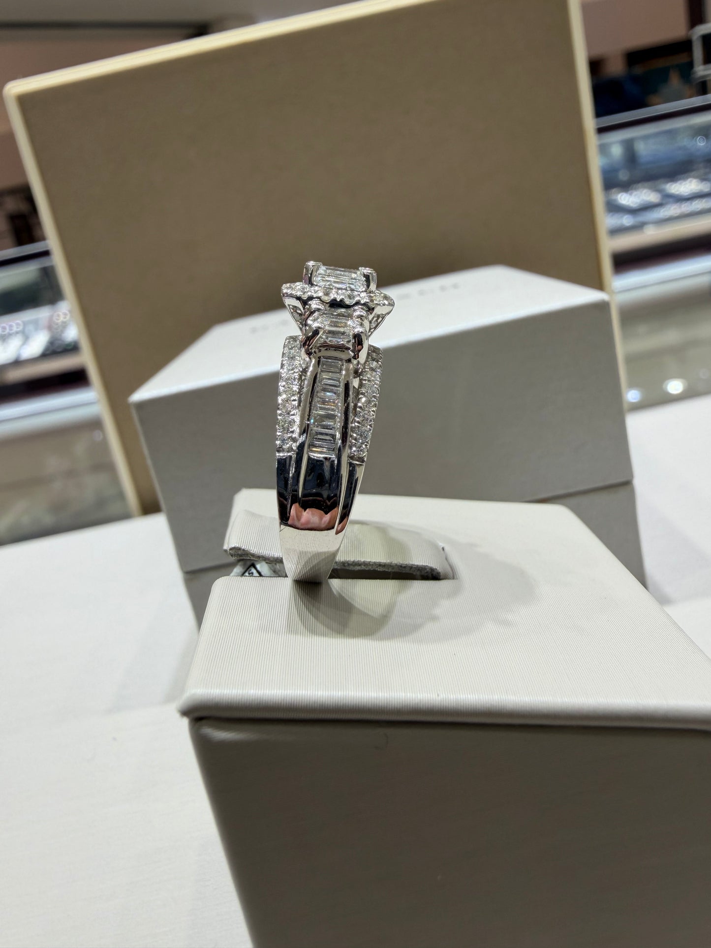 1.45 CTW Emerald Cut Three-Stone Diamond Ring | 14K White Gold