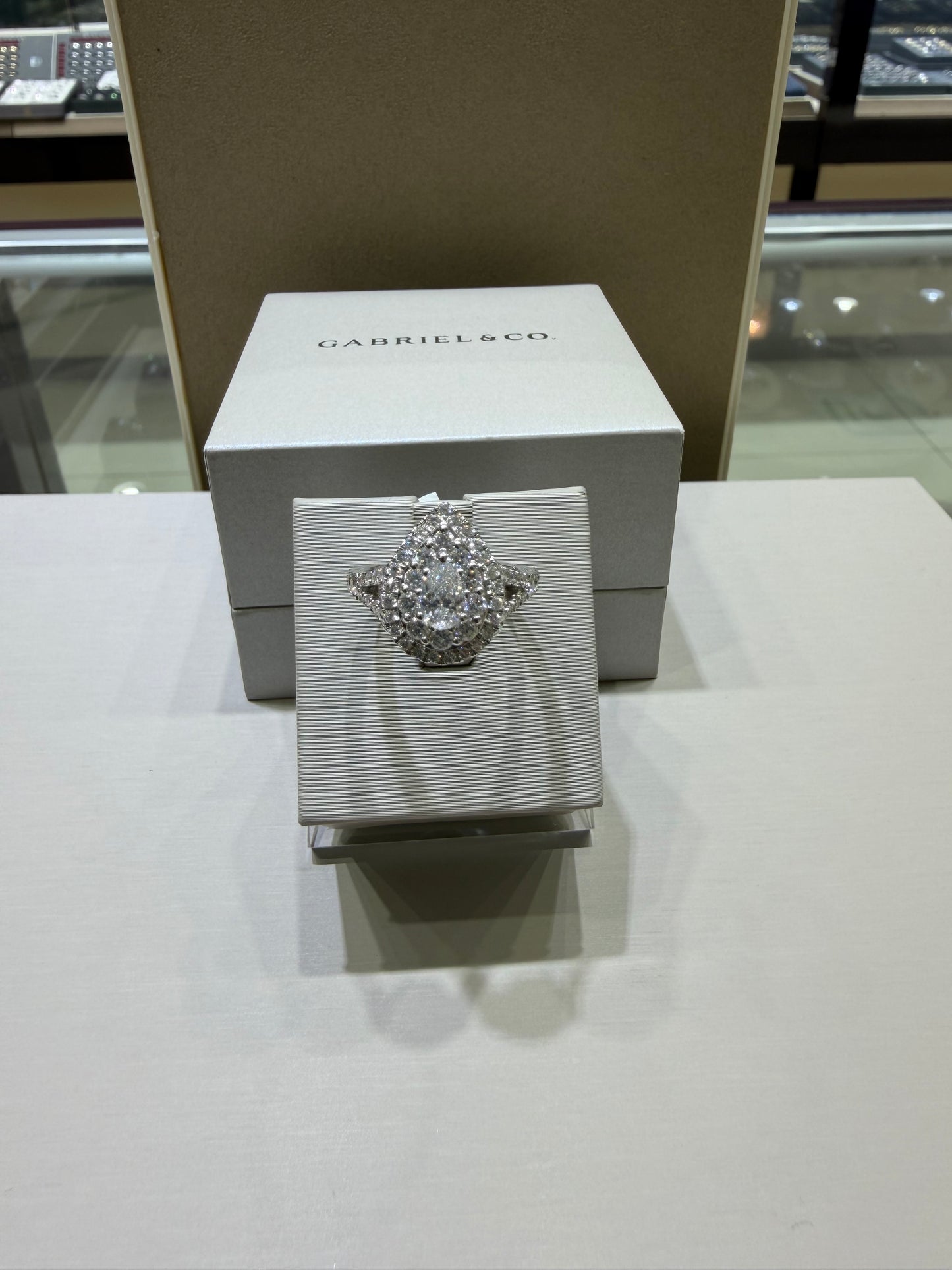 1.75 CTW Pear-Shaped Double Halo Diamond Engagement Ring in 14K White Gold – 0.50 CT Center