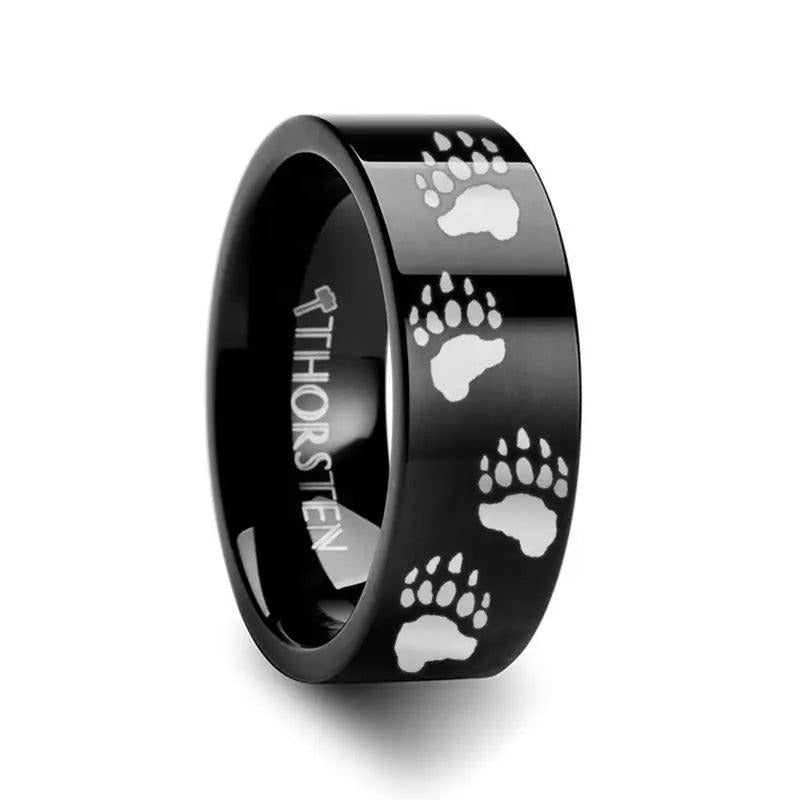Animal Track Bear Paw Print Engraved Black Tungsten Ring Polished - 4mm - 12mm - 6mm
