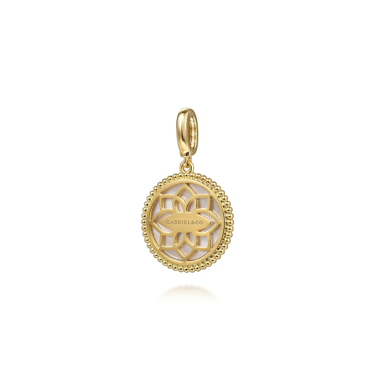 Gabriel & Co. 14K Yellow Gold 18mm Bujukan Diamond Compass Mother of Pearl Medallion Pendant