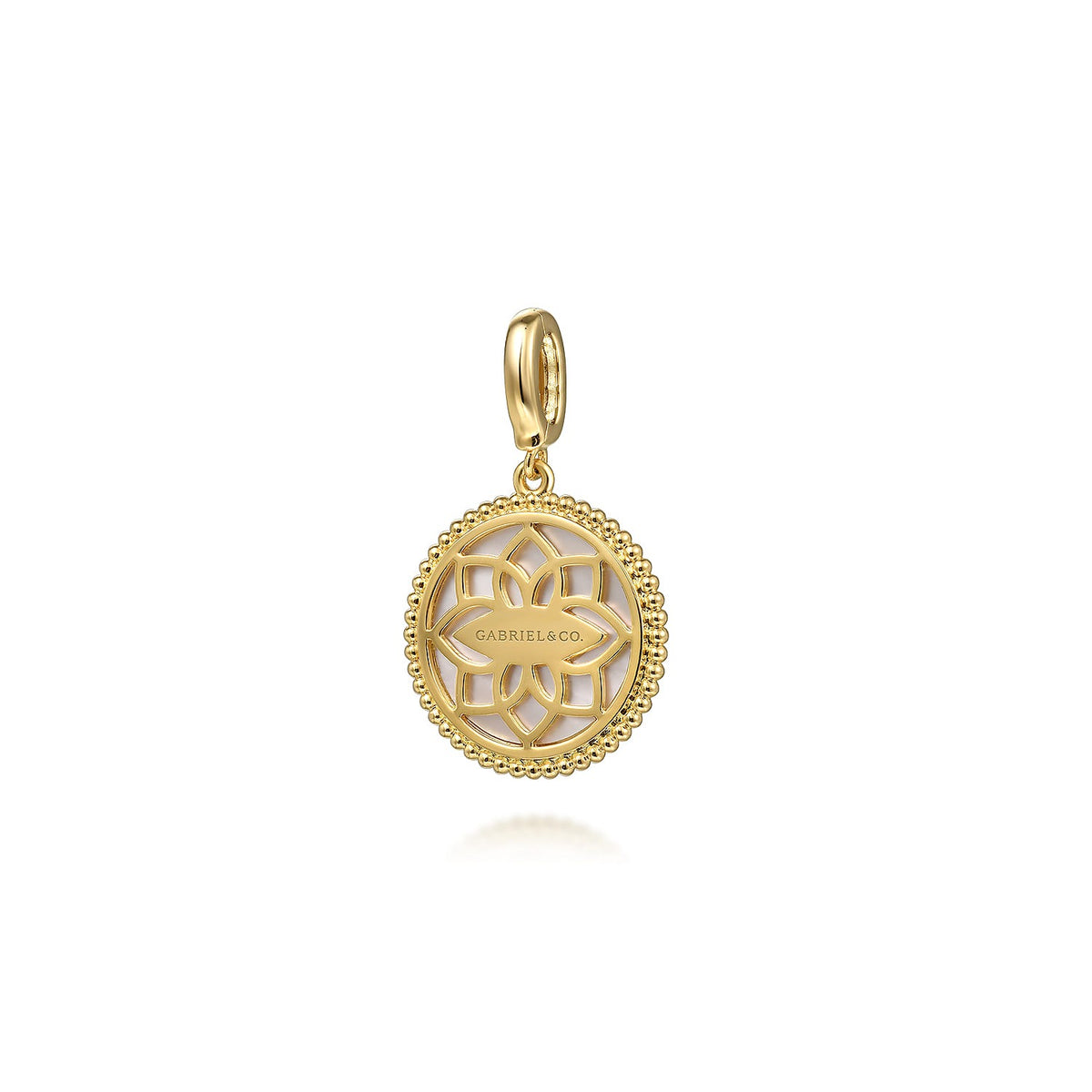 Gabriel & Co. 14K Yellow Gold 18mm Bujukan Diamond Compass Mother of Pearl Medallion Pendant