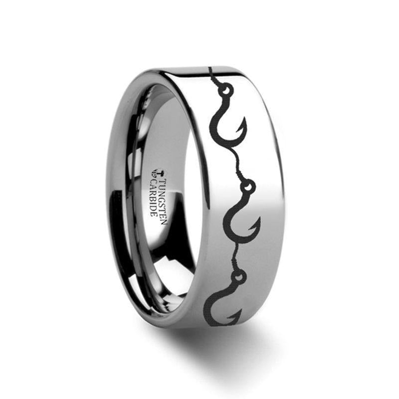 Multiple Fishing Hook Pattern Engraved Flat Tungsten Ring - 4mm - 12mm - 6mm