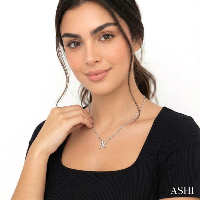 1/20 Ctw Initial 'K' Round cut Diamond Pendant With Chain in 10K White Gold