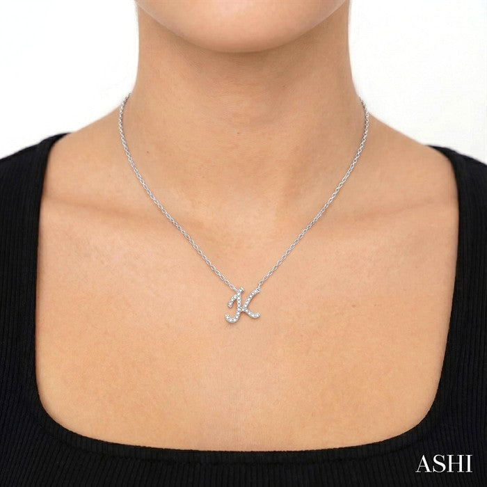 1/20 Ctw Initial 'K' Round cut Diamond Pendant With Chain in 10K White Gold