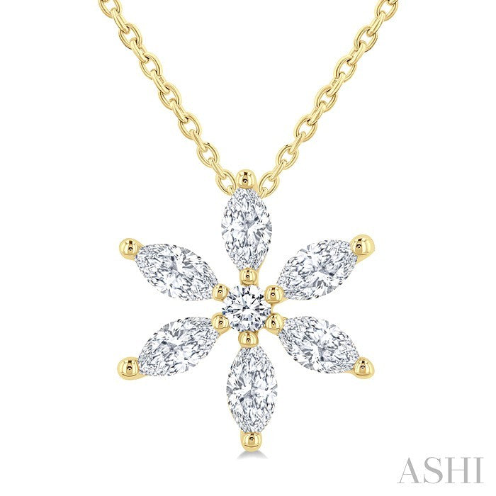 1/3 Ctw Floral Motif Marquise and Round Cut Diamond Fashion Pendant With Chain in 14K Yellow Gold