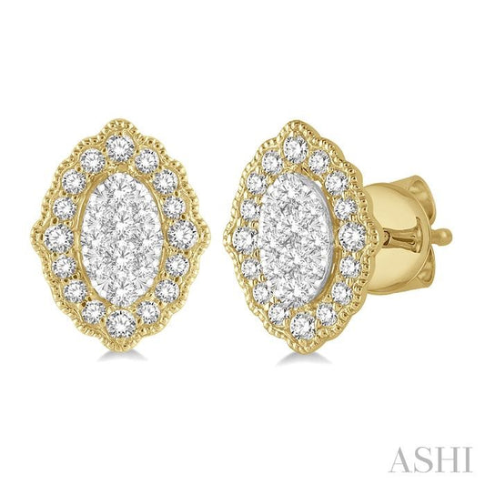 1/4 Ctw Lattice Edge Oval Shape Lovebright Round Cut Diamond Earrings in 14K Yellow and White Gold