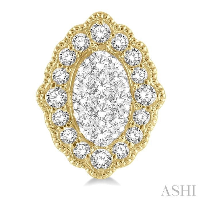 1/4 Ctw Lattice Edge Oval Shape Lovebright Round Cut Diamond Earrings in 14K Yellow and White Gold