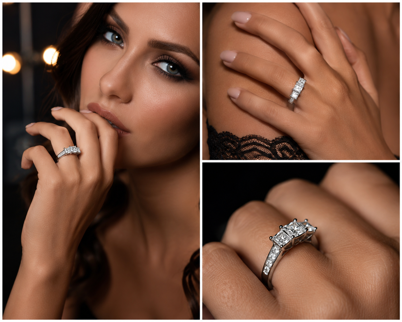 Three-Stone Princess Cut Invisible-Set Diamond Engagement Ring | 14K White Gold