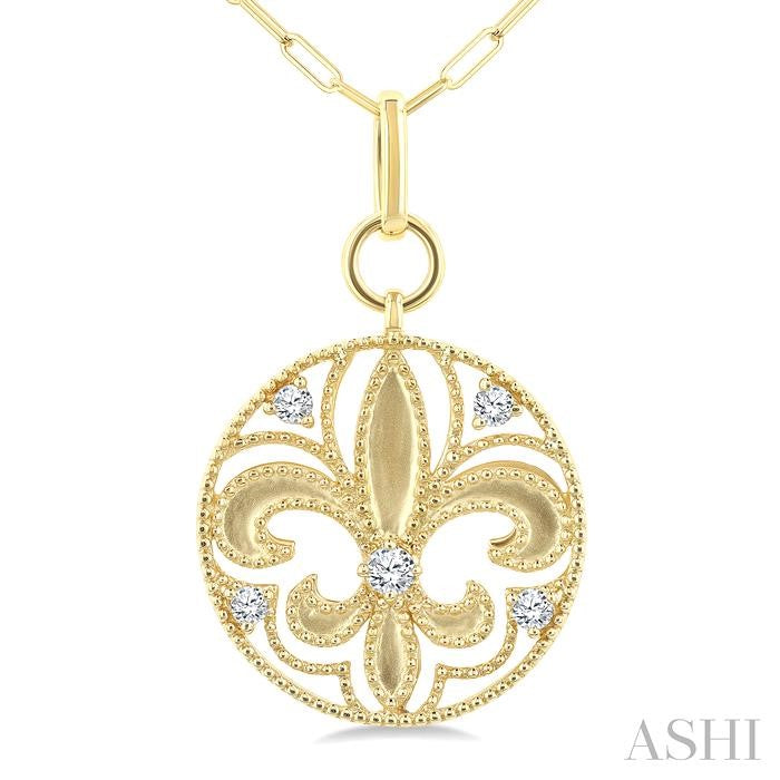 1/4 Ctw Fleur De Lis Round Cut Diamond Fashion Medallion Pendant With Chain in 14K Yellow Gold