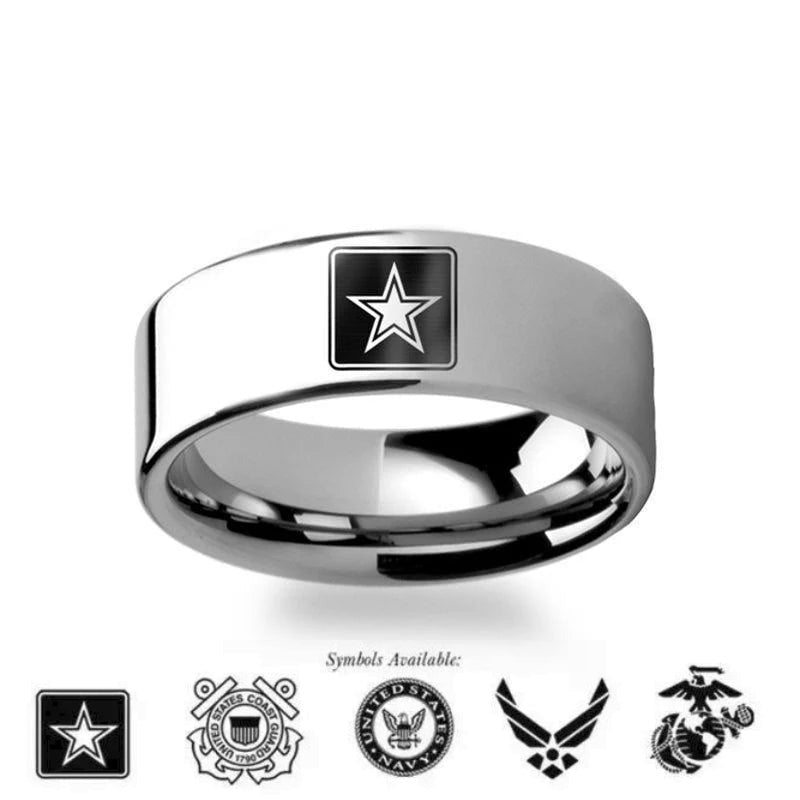 Military Symbol Logo Engraving Flat Polished Tungsten Ring - Army, Coast Guard, Navy, Marines, Air Force - 4mm - 12mm - 