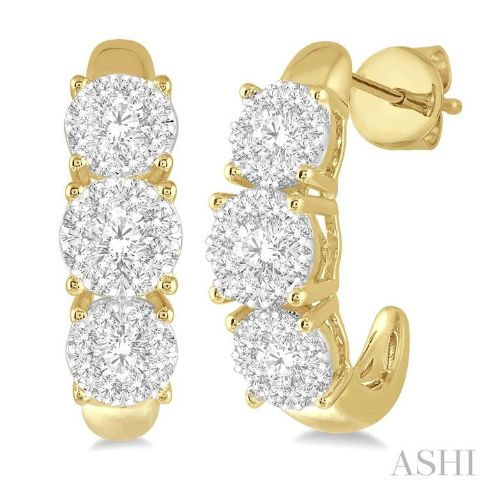 1 1/4 Ctw Past Present and Future Lovebright Round Cut Diamond Earrings in 14K Yellow and White Gold