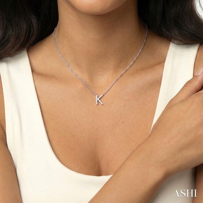 1/20 Ctw Initial 'K' Round Cut Diamond Pendant With Chain in 10K White Gold