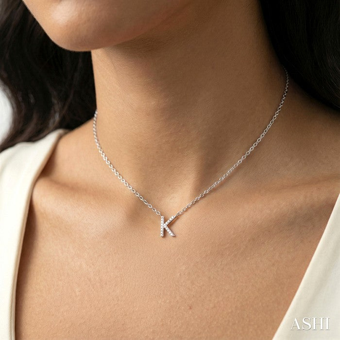 1/20 Ctw Initial 'K' Round Cut Diamond Pendant With Chain in 10K White Gold