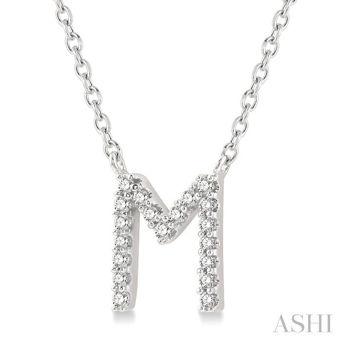 1/20 Ctw Initial 'M' Round Cut Diamond Pendant With Chain in 10K White Gold