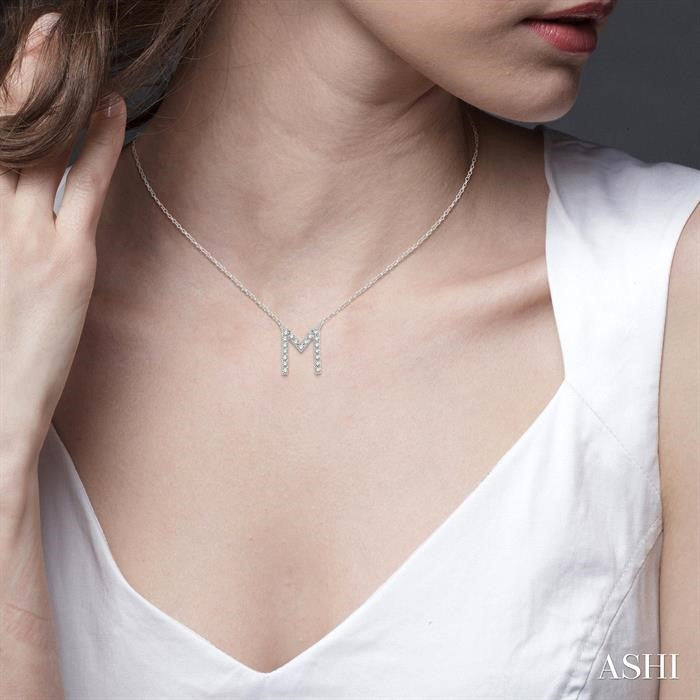 1/20 Ctw Initial 'M' Round Cut Diamond Pendant With Chain in 10K White Gold